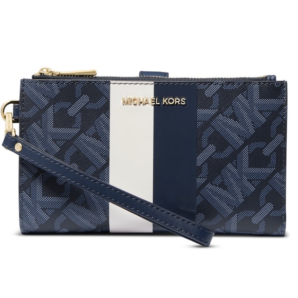 NWT MICHAEL MICHAEL KORS Jet Set Logo Double Zip Wristlet Admiral Blue NIP Firm - Picture 1 of 4